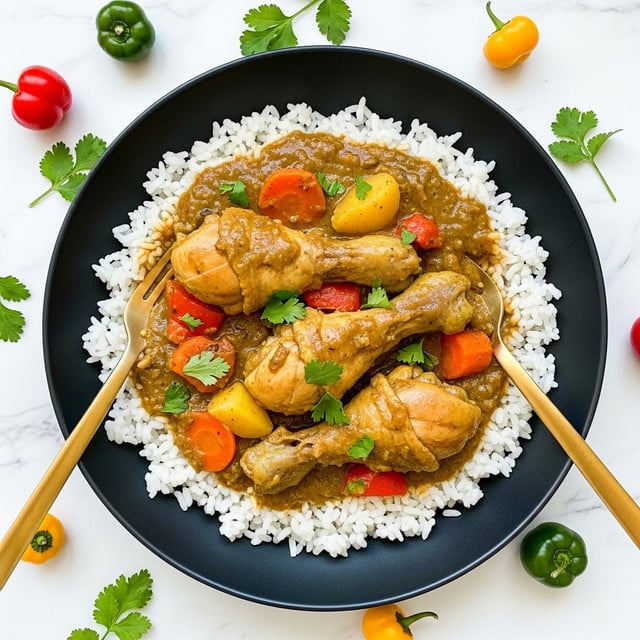 A large black bowl holds a layered dish starting with a base of white rice spreading around the bowl’s bottom edge. On top of the rice, there is a thick, brownish-green stew covering most of the center. The stew contains chicken drumsticks and chunks of vegetables like carrots, potatoes, and red bell pepper pieces mixed throughout. The stew looks rich and glossy with a textured sauce covering the meat and vegetables. Two gold forks rest inside the bowl, one on the left side and the other on the right, partly submerged in the food. Around the bowl, scattered on the white marbled surface, are fresh herbs and whole small peppers adding color to the setting. photo taken with an iphone --ar 4:5 --v 7