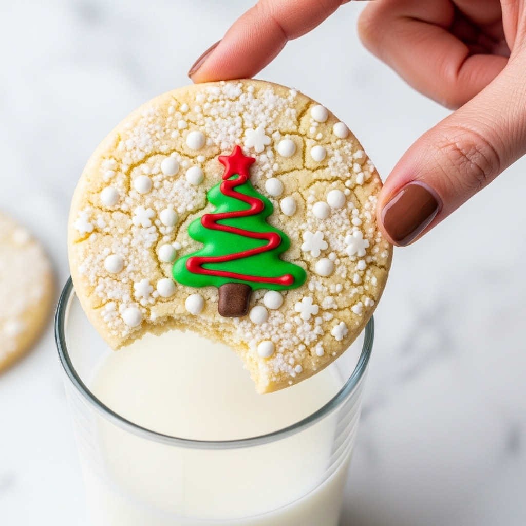 A close-up view of a round sugar cookie with white sugar sprinkles all over its light golden surface, featuring a small Christmas tree design near the center with green and red icing, topped by a red star. The cookie has a bite taken out of one side and is held by a woman's hand with brown nail polish, dipping partially into a clear glass filled with white milk. The background is a white marbled texture. photo taken with an iphone --ar 4:5 --v 7
