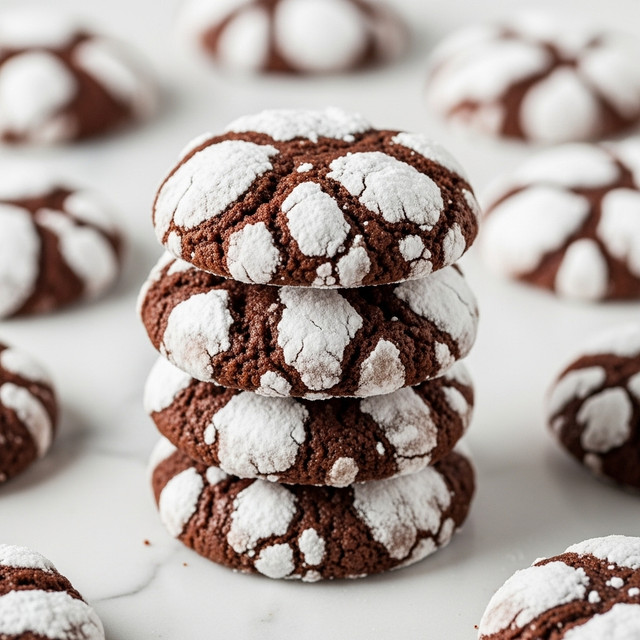 The image shows a close-up of a stack of four round chocolate crinkle cookies on a white marbled texture. Each cookie has a dark brown base with a cracked pattern of white powdered sugar on top, creating an interesting contrast. The surface of the cookies has a textured, slightly rough look due to the cracks and powdered sugar. Around the stack, there are some more cookies blurred softly in the background. photo taken with an iphone --ar 4:5 --v 7