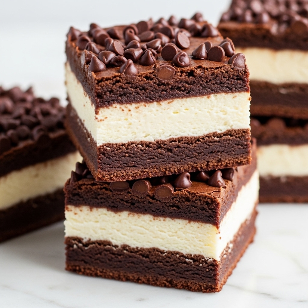 The image shows a close-up of three square brownies stacked on a white marbled surface. Each brownie has three distinct layers: a dense, rich dark brown bottom layer with a fudgy texture; a thick middle layer of creamy white cheesecake, smooth and evenly spread; and a top layer of cracked, slightly shiny dark brown brownie sprinkled generously with small, dark chocolate chips. The brownies look moist and soft, with the chocolate chips adding texture and extra richness. Photo taken with an iphone --ar 4:5 --v 7