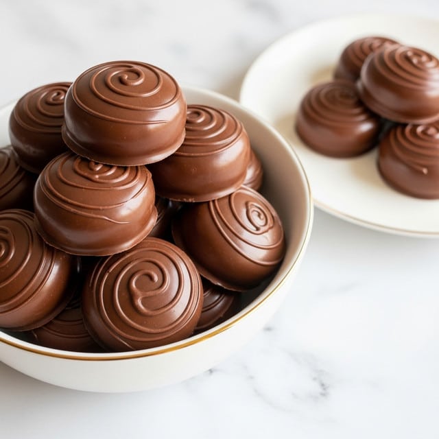 A white bowl with a thin gold rim is filled with round, smooth chocolate-covered treats stacked in layers, each piece having a shiny dark brown coating with slight swirls and a glossy texture. Next to it, on the right side, is a white plate holding a few similar chocolate pieces. The scene is set on a white marbled texture surface, bright and clean, with soft natural lighting highlighting the rich chocolate color. photo taken with an iphone --ar 4:5 --v 7