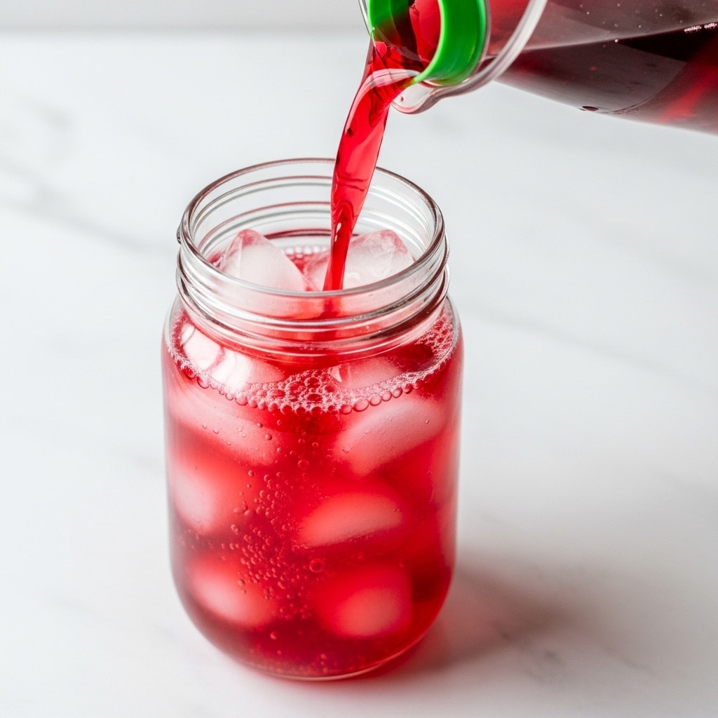 A clear glass jar filled with several ice cubes is being filled with a bright red liquid from a transparent container with a green spout. The red drink cascades into the jar, creating small bubbles on the surface as it mixes with the ice, giving a fresh and cold impression. The scene is set on a white marbled surface with a soft light that highlights the clarity of the jar and the vibrant red color of the liquid. photo taken with an iphone --ar 4:5 --v 7