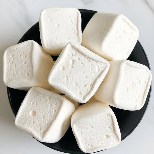 The image shows a close-up of a black bowl filled with large white marshmallows. Each marshmallow is cut into a square shape with soft, fluffy textures visible on their surfaces, some having slight uneven edges and tiny air bubbles. The marshmallows are stacked loosely inside the bowl, filling it nearly to the top. The background is a clean white marbled texture. photo taken with an iphone --ar 4:5 --v 7