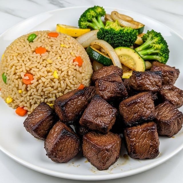 The image shows a white plate filled with three main parts: in the front are dark brown, glossy grilled beef cubes with a crispy texture and some charred edges; to the left is a mound of light brown fried rice mixed with small orange carrot pieces giving it a soft, grainy look; and at the back, slightly blurred, is a mix of sautéed vegetables including green broccoli florets, green zucchini slices with yellow edges, and off-white onion chunks, all looking tender with slight browning. The plate rests on a white marbled texture surface. photo taken with an iphone --ar 4:5 --v 7