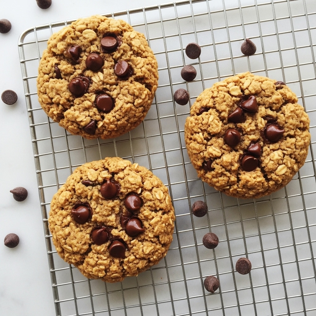 The image shows three round oatmeal cookies with chocolate chips scattered on a silver wire cooling rack placed on a white marbled surface. Each cookie has a rough, chunky texture with visible oats and several chocolate chips on top, some partially melted. The cookies have a light golden-brown color with darker spots where the chocolate chips are clustered. Around the rack, a few loose chocolate chips are scattered softly on the marble. The image is bright and clear, highlighting the cookie texture and chips. photo taken with an iphone --ar 4:5 --v 7