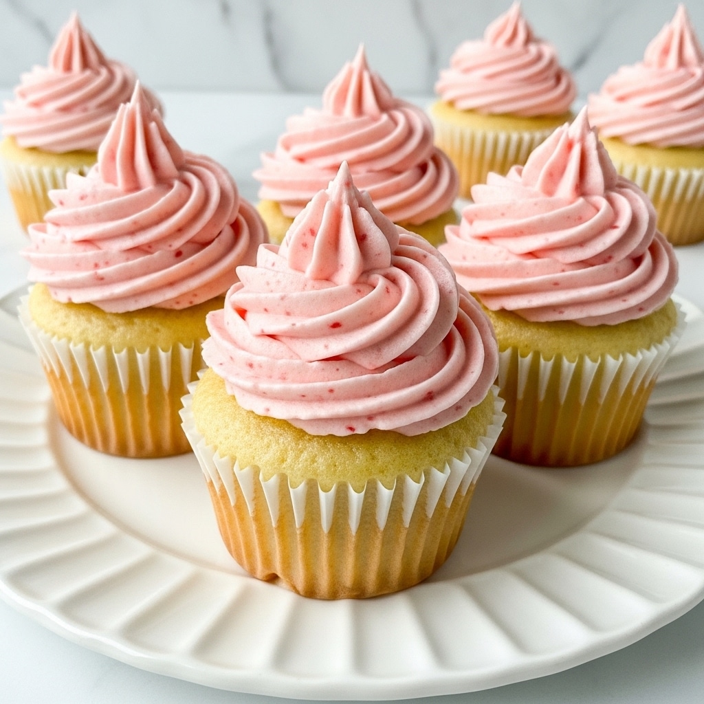 Four vanilla cupcakes sit on a white plate with ruffled edges, each topped with two thick swirls of light pink frosting that has small red specks throughout, creating a soft and creamy texture. The cupcakes have a golden brown base visible through white paper liners with vertical ridges. The image shows a close-up view with three cupcakes in the front row and one slightly blurred in the back, all against a background with a white marbled texture. The frosting on each cupcake is neatly piped in a circular pattern ending in a soft peak on top. photo taken with an iphone --ar 4:5 --v 7