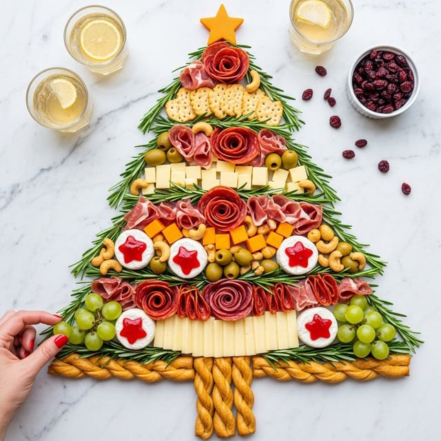 A Christmas tree-shaped platter made of layers of food on a white marbled texture. The base is made of twisted breadsticks forming the trunk, above it is a layer of rosemary sprigs arranged to shape a tree. On top of the rosemary are slices of pale yellow cheese and clusters of green grapes placed at different points around the edges. There are folded slices of pink prosciutto and rolled slices of red salami shaped like roses spread evenly inside the tree. Square yellow cheese blocks and light brown wavy-edged crackers fill the middle area. Small green olives and crescent-shaped cashews are sprinkled throughout. Round white cheeses with red star jelly on top appear in several spots, adding color contrast. Near the bottom left, a woman's hand with red nail polish is holding one green grape. Two glasses with a light drink and a small white bowl filled with dried red cranberries are seen in the top corners. photo taken with an iphone --ar 4:5 --v 7