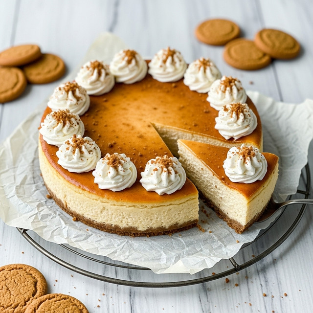 A round cheesecake with a smooth, golden-brown top sits on a piece of crumpled parchment paper placed on a round metal rack. There are ten dollops of white whipped cream evenly spaced around the edge of the cheesecake, each topped with small brown cookie crumbs. One slice is slightly lifted and separated, showing the clean cut edges of the cheesecake with a light brown crust at the base. Around the cheesecake, several round cookies are placed on a wooden surface with a white marbled texture. Photo taken with an iphone --ar 4:5 --v 7