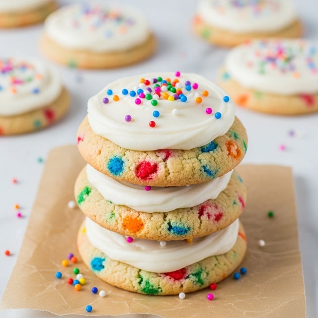 A stack of three round soft cookies with visible colorful sprinkles baked inside, each cookie topped with a smooth layer of white frosting that swirls gently on top, sprinkled with small round multi-colored sprinkles. The cookies rest on brown parchment paper with some sprinkles scattered around them. In the background, more similar cookies are placed on the white marbled surface. The lighting is bright and natural. photo taken with an iphone --ar 4:5 --v 7