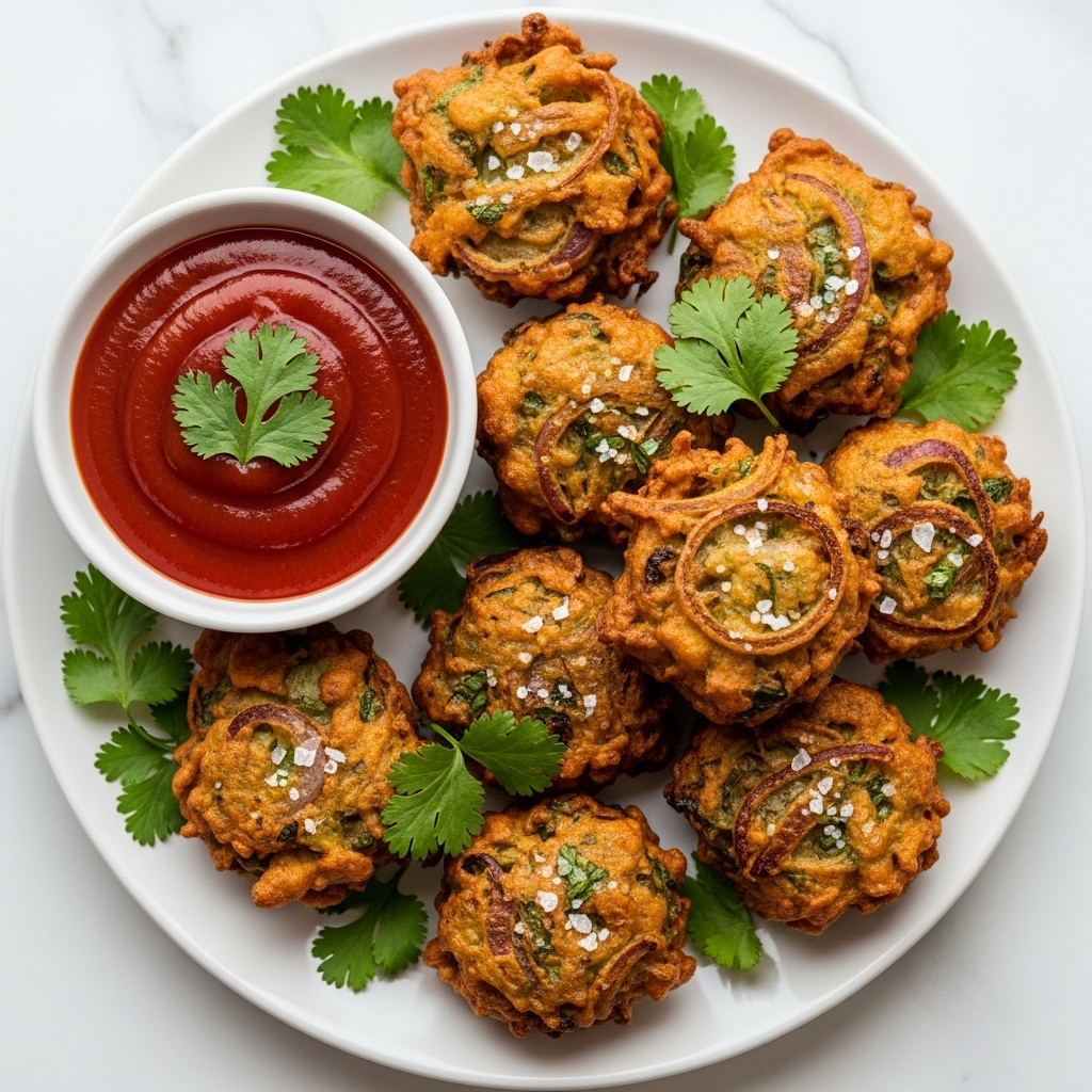A white plate filled with several crispy, deep-fried fritters that are golden-brown with darker edges, showing bits of thinly sliced onions and herbs inside. The fritters are sprinkled lightly with coarse salt and are surrounded by fresh green cilantro leaves, creating a contrast of colors. On the left side of the plate, a small white bowl holds a smooth, rich red ketchup garnished with a single cilantro leaf on top. The plate sits on a white marbled surface and the photo taken with an iphone --ar 4:5 --v 7
