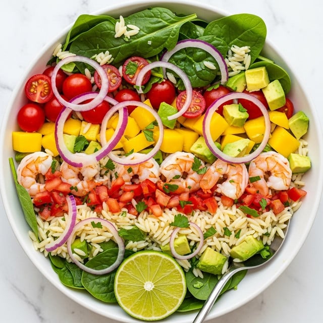 The image shows a white bowl filled with a colorful shrimp salad layered with red cherry tomatoes, bright yellow mango cubes, green avocado pieces, and chopped green spinach leaves mixed with white orzo pasta. Thin slices of purple onion are scattered throughout, adding a touch of contrast. The shrimp are pink and white, cut into bite-sized pieces, and are mixed evenly with fresh herbs and small pieces of diced tomatoes. In the lower part of the bowl, a wedge of lime adds a fresh green color. The background is a white marbled texture, and a shiny silver spoon is partially visible inside the bowl. Photo taken with an iphone --ar 4:5 --v 7