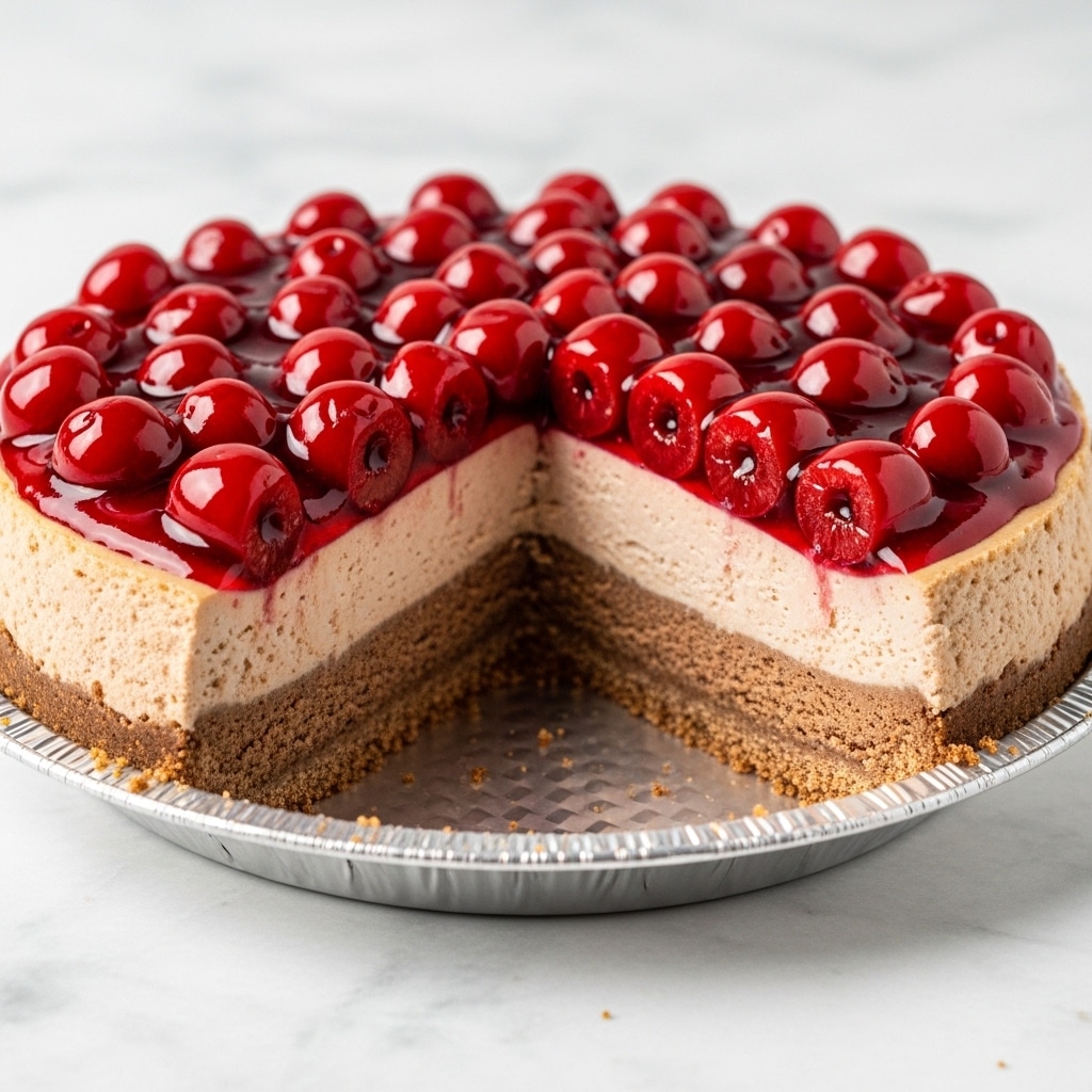 A close-up image of a cherry cheesecake with one slice removed, showing three layers: a crumbly brown crust at the bottom, a thick light brown creamy cheesecake layer in the middle, and a top layer covered with shiny, bright red cherries in a glossy red glaze, all in a silver foil pie pan on a white marbled textured surface. photo taken with an iphone --ar 4:5 --v 7