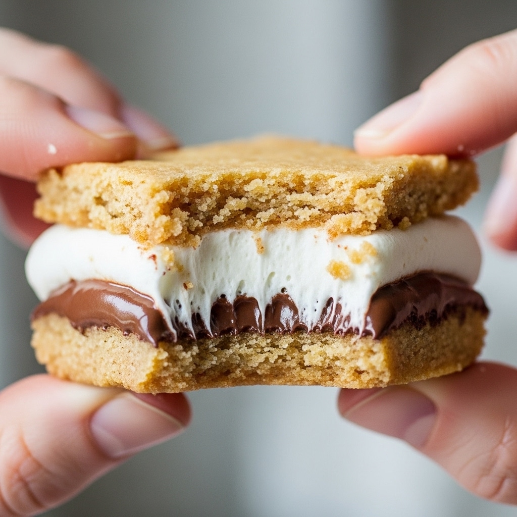 A close-up shot of a gooey s'mores bar held between two fingers of a woman's hand, showing one bite taken out. The bar has three layers: a golden-brown crust on the top and bottom with a soft, crumbly texture, a thick white melted marshmallow layer in the middle, and a glossy melted chocolate layer beneath the marshmallow. The background is blurred with a soft neutral tone. Photo taken with an iphone --ar 4:5 --v 7