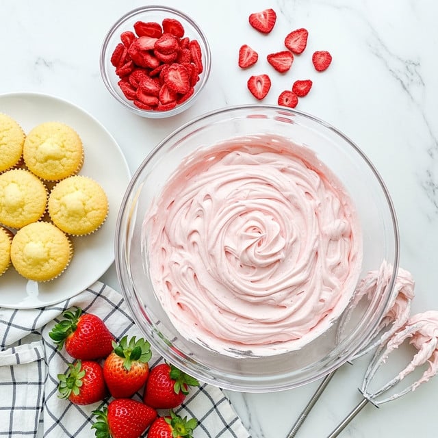 A large transparent bowl filled with smooth, fluffy light pink frosting swirled with soft peaks sits on a white marbled surface. To the left is a white plate holding several golden yellow cupcakes with a soft, plain texture. Above the bowl, a smaller transparent bowl contains bright red freeze-dried strawberry slices with some scattered around it. At the bottom left, fresh whole strawberries with green leaves rest partially on a black-and-white checkered cloth. Near the bottom right, two metal beaters coated lightly with pink frosting lie on the surface. photo taken with an iphone --ar 4:5 --v 7