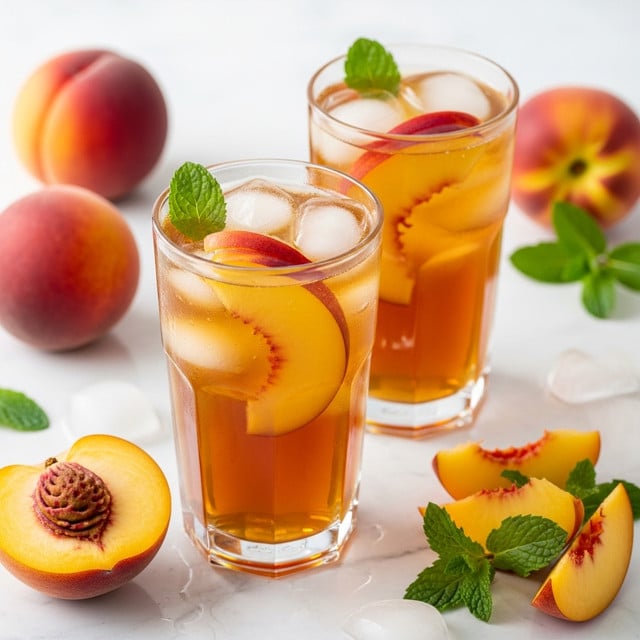 Two clear tall glasses filled with amber-colored iced tea, each containing thin slices of peach that float inside and lean against the glass walls. There are ice cubes on top and a small green mint leaf garnish on the surface of the drink. Around the glasses on a white marbled texture are whole peaches, a halved peach showing its pit, and some peach slices paired with fresh mint leaves. The scene is softly lit, creating a fresh and inviting look. photo taken with an iphone --ar 4:5 --v 7