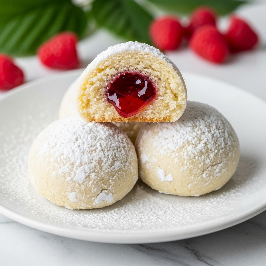 The image shows three round snowball cookies on a white plate with powdered sugar dusted thickly over them, making the surface look soft and white. Two whole cookies form the base, while one cookie is cut in half and placed on top, revealing a bright red jam filling inside with a translucent jelly texture surrounded by a crumbly pale dough layer. Powdered sugar is scattered around the plate on a white marbled surface, and the background features blurred red raspberries and green leaves, adding a fresh pop of color. photo taken with an iphone --ar 4:5 --v 7
