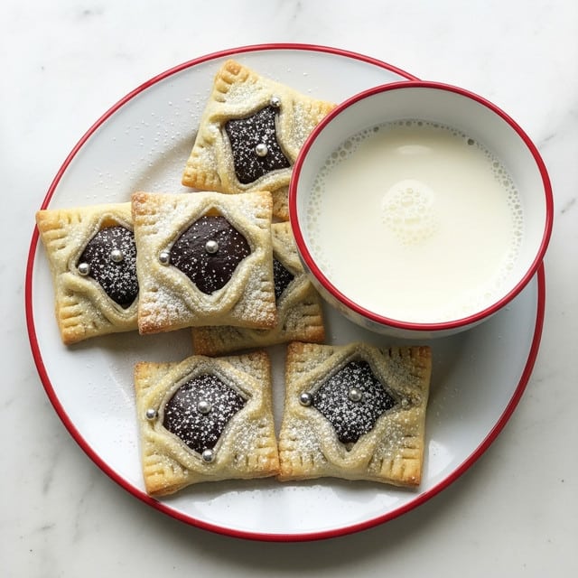 A white plate with a red rim holds five square-shaped pastries, each folded at the corners over a dark brown chocolate center, and lightly dusted with powdered sugar. Each pastry has a small silver edible bead on one folded corner. Next to the pastries is a white bowl with a red rim, filled with milk that has a few bubbles on the surface. The plate is placed on a white marbled surface. photo taken with an iphone --ar 4:5 --v 7