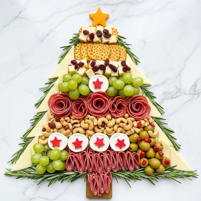The image shows a Christmas tree-shaped charcuterie board on a white marbled surface, made up of several layers. The base layer consists of green rosemary sprigs arranged along the edges, creating the tree shape. Above this, there are wedge-shaped slices of a pale yellow cheese fanned out on the upper left, right, and bottom edges. Scattered in the middle are light brown crackers with zigzag edges, topped with cubes of a creamy white-yellow cheese and small pieces of dark red dried cranberries. Clusters of green seedless grapes are placed in three areas—left middle, bottom left, and right middle—adding a fresh look. Rolled thin slices of reddish-pink salami form rose shapes, placed symmetrically across the tree. Creamy white rounds of cheese with red star shapes on top are spread evenly. There are folded slices of pinkish prosciutto and handfuls of light brown cashew nuts filling gaps in the middle and lower sections. Near the right side, green olives with pits and pimentos add color and texture. The arrangement is neat and festive, highlighting natural colors and shapes. Photo taken with an iphone --ar 4:5 --v 7