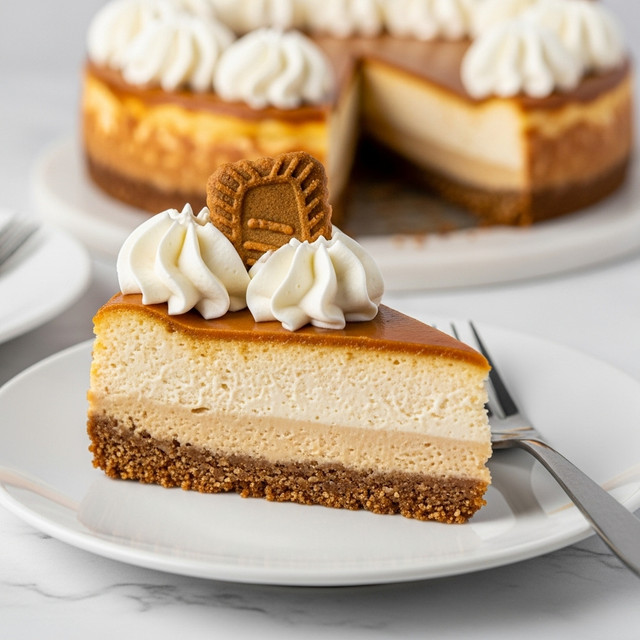 A close-up of a single slice of cheesecake on a white plate, showing three layers: a thick, crumbly brown crust at the bottom, a dense and smooth light beige cheesecake filling in the middle, and a caramel-brown top layer that is slightly shiny and firm. On top of the cheesecake, there are three swirls of white whipped cream with soft peaks, and a triangular brown cookie piece is placed in the middle whipped cream swirl. The plate sits on a white marbled surface with a silver fork resting next to the dessert. In the background, a blurry whole cheesecake is visible with a similar texture and color. photo taken with an iphone --ar 4:5 --v 7