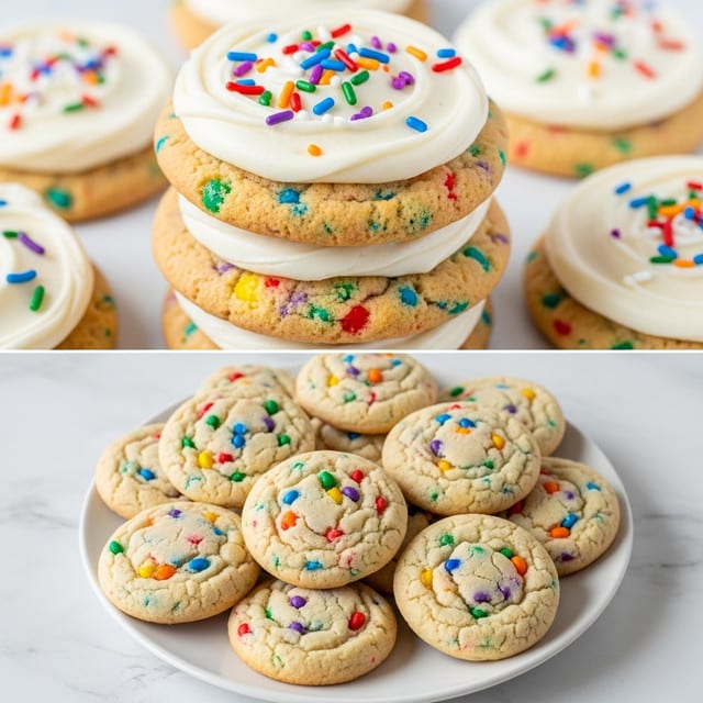 The image shows two views of colorful confetti cookies. The top part displays a close-up of the cookies stacked, each cookie having a light golden-brown base speckled with small red, green, blue, and purple sprinkles, topped with a smooth, thick layer of white frosting swirled in a circular pattern and scattered with tiny rainbow nonpareil sprinkles. The bottom part shows a white plate filled with similar cookies without frosting, all round and soft-looking, with a lightly browned edge and a soft center dotted with the same colorful sprinkles, placed on a white marbled surface. photo taken with an iphone --ar 4:5 --v 7