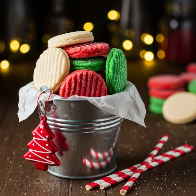 A small silver metal bucket filled with colorful round cookies that have a ribbed texture, stacked loosely inside with visible layers; the cookies are in three colors – white, bright red, and bright green, all slightly dusted with sugar crystals. The bucket rests on a dark wooden surface, with a red and white Christmas tree-shaped ornament hanging on the bucket's side. Nearby are four red and white striped paper straws laying flat. The background is dark with soft glowing yellow lights and some blurred kitchen items, creating a cozy, festive mood. Photo taken with an iphone --ar 4:5 --v 7
