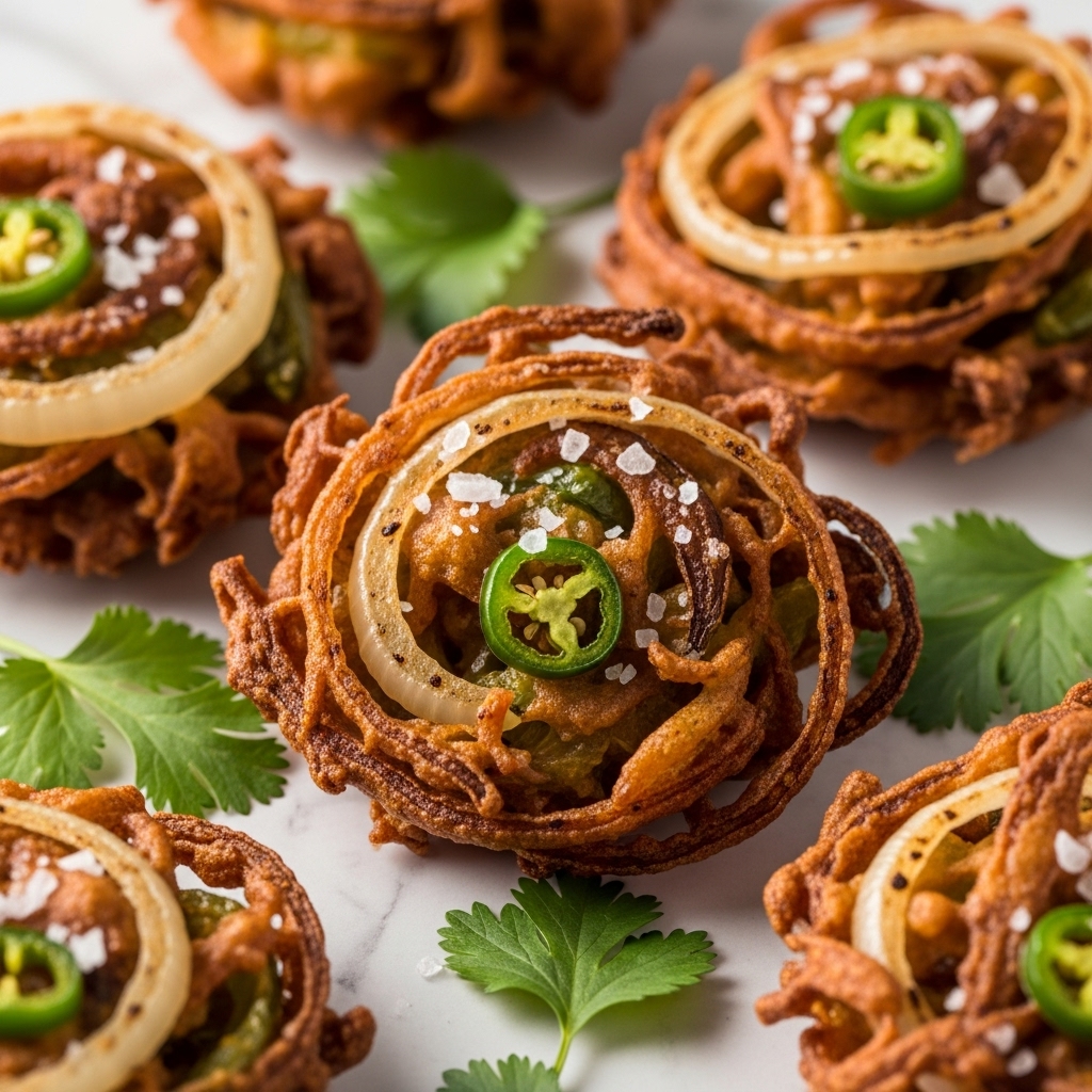 The image shows several crispy fried fritters with a rough, uneven texture made up of golden brown and darker brown layers from deep frying. Each fritter includes visible slices of light beige onions and small pieces of green chili, mixed into the crunchy outer layers. The fritters rest on a bed of fresh green cilantro leaves that add bright color contrast. Coarse salt crystals are sprinkled on top of the fritters enhancing their texture. The close-up view highlights the crunch and layered look of the fritters with their ridged, curled edges. The setting uses a white marbled textured surface in the background. photo taken with an iphone --ar 4:5 --v 7
