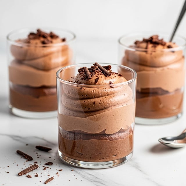 Three clear glass cups each hold two layers of chocolate mousse with a soft, fluffy, and creamy texture; the bottom layer is slightly darker and thicker, while the top layer is lighter and airy, topped with thin, dark chocolate shavings. The cup in the front center shows the mousse overflowing slightly with a smooth, rounded top, while the other two cups in the background have a similar mousse but one has a spoon inserted. The setting has a white marbled texture surface with some chocolate shavings scattered near the front cup. photo taken with an iphone --ar 4:5 --v 7