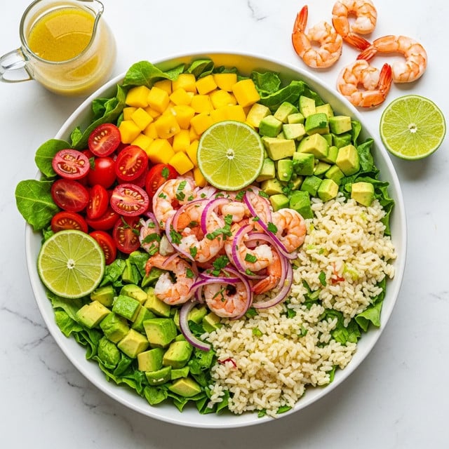 A large white bowl on a white marbled surface holds a colorful shrimp salad with multiple layers. The bottom layer is fresh green lettuce covering the base. On top, there are sections of diced yellow mango, chopped green avocado, halved red cherry tomatoes, and cooked light yellow rice, each arranged around the bowl’s edge. In the center, there is a pile of cooked pink shrimp mixed with thin slices of purple-red onion and sprinkled with fresh chopped green herbs. Lime wedges sit on top of the salad and also beside the bowl, along with a few whole cooked shrimp and a small glass pitcher filled with a light yellow dressing. Photo taken with an iphone --ar 4:5 --v 7