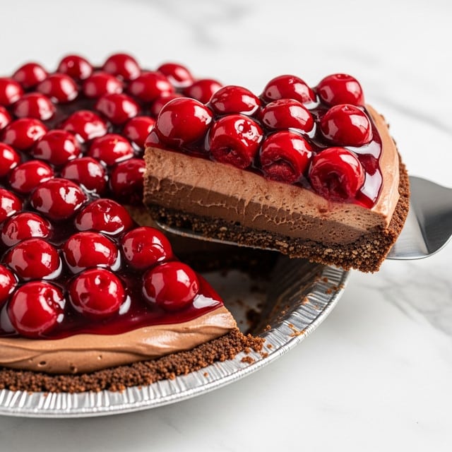 A close-up view of a cherry chocolate pie with a single slice being lifted by a shiny silver pie server, showing three distinct layers: a crumbly dark brown crust at the bottom, a smooth milk chocolate filling in the middle, and a thick glossy red cherry topping made of whole cherries coated in a shiny glaze. The pie is in a silver tin, placed on a white marbled surface, with natural light reflecting on the cherries to make them look juicy and fresh. photo taken with an iphone --ar 4:5 --v 7
