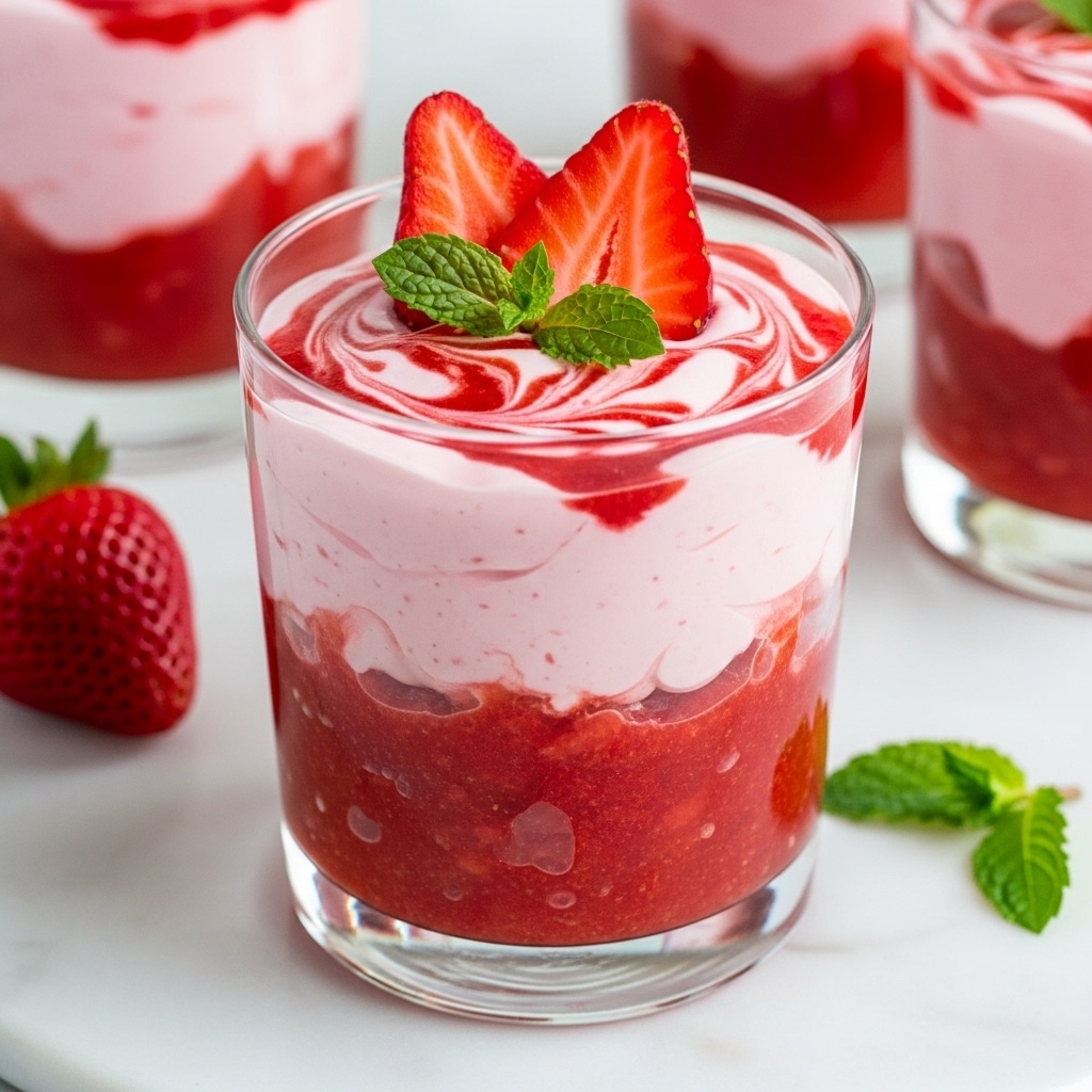 The image shows a dessert in a clear glass with two main visible layers. The bottom layer is a bright red, chunky strawberry mix with a slightly smooth texture. The top layer is a light pink creamy mixture swirled with bits of red strawberry sauce, giving a marbled look. On top of the dessert, there are three fresh strawberry pieces and small green mint leaves placed as decoration. The glass sits on a white marbled surface with a whole strawberry and a few mint leaves nearby. In the background, two more glasses with the same dessert are partially visible. photo taken with an iphone --ar 4:5 --v 7