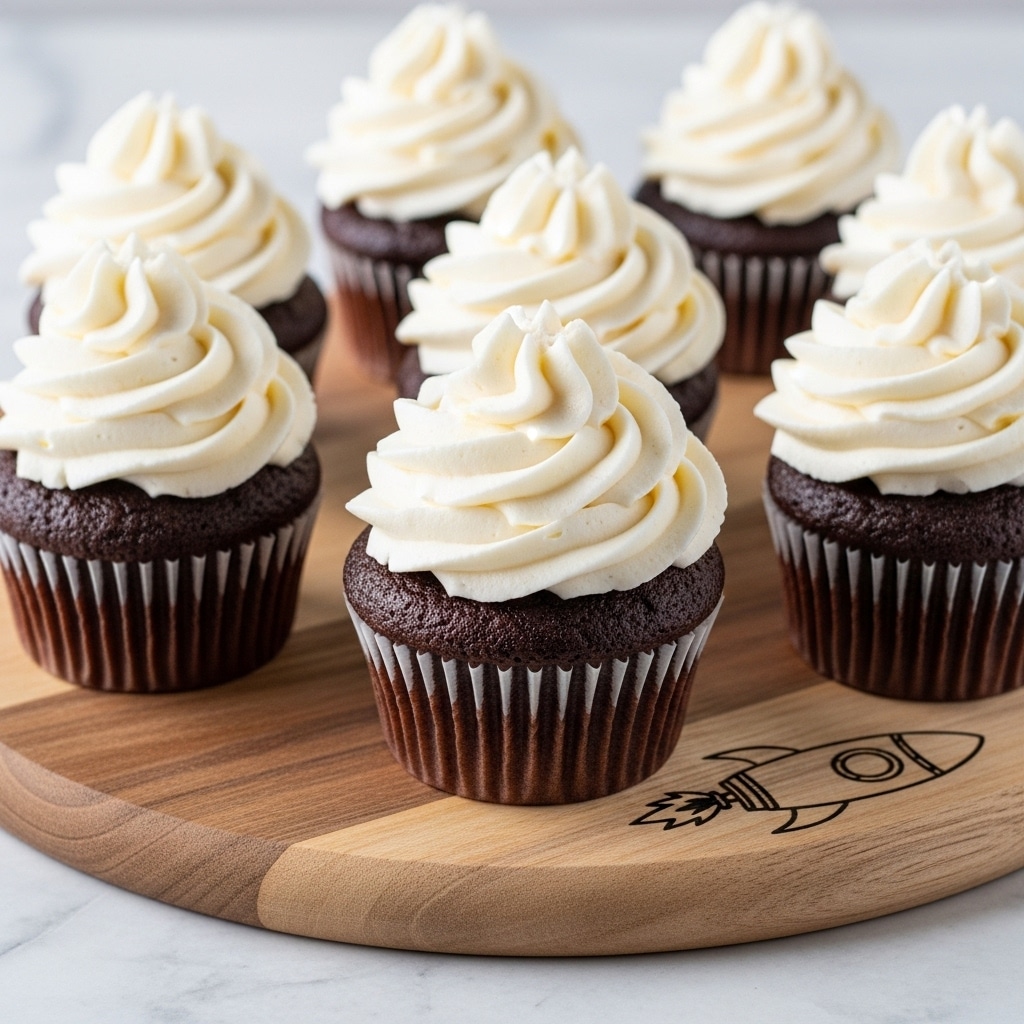 This image shows several chocolate cupcakes arranged closely on a round wooden board with a small rocket drawing on its side. Each cupcake has one layer of rich, dark brown chocolate cake at the bottom, topped with a swirl of creamy white frosting that has a smooth, soft texture and is layered in thick, wavy peaks. The cupcakes are in light brown paper liners that contrast softly with the cake. The background surface is a white marbled texture that brightens the scene. Photo taken with an iphone --ar 4:5 --v 7