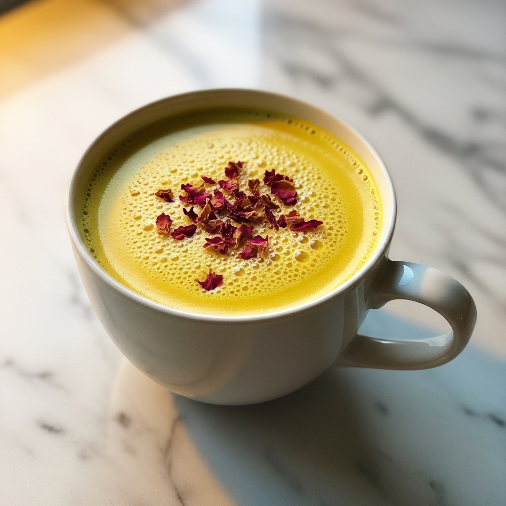 A white cup filled with a smooth, creamy yellow drink topped with scattered dark pink dried flower petals. The drink surface has small bubbles and a frothy texture. The cup has a simple handle and sits on a white marbled surface with soft lighting. photo taken with an iphone --ar 4:5 --v 7