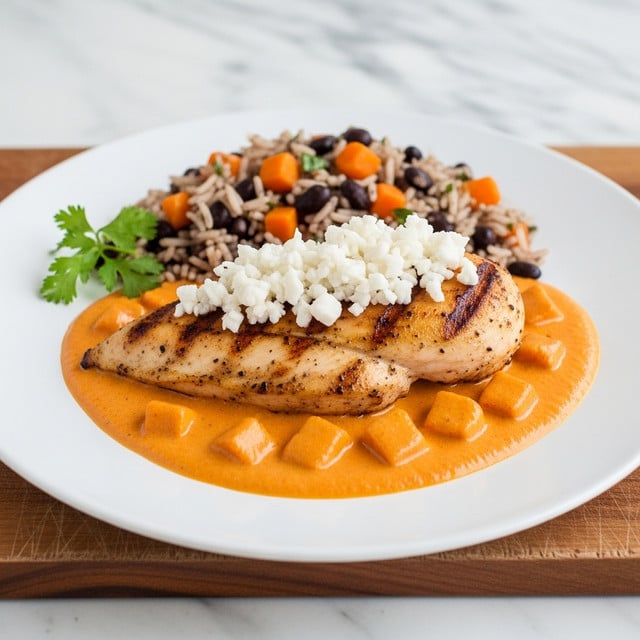 A dish on a white plate placed on a wooden board with a white marbled texture background shows a golden brown grilled chicken breast topped with small white shredded pieces, sitting on an orange creamy sauce with chunks spread around the base. Behind the chicken, there is a serving of rice mixed with black beans and small orange vegetable pieces. A sprig of green herb lies next to the rice on the left side of the plate. Photo taken with an iphone --ar 4:5 --v 7