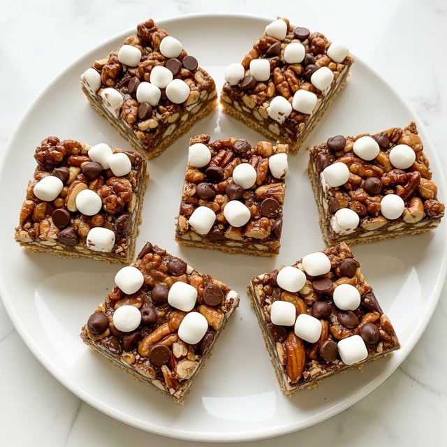 A white round plate holds seven square dessert bars arranged randomly, each bar showing a dense top layer filled with crunchy nuts, small dark brown chocolate chips, and soft white mini marshmallows scattered on the surface. The bars have a textured, golden-brown base and the top layer appears sticky and chewy with visible nut pieces and melted chocolate chips. The plate sits on a white marbled surface that contrasts softly with the warm tones of the bars. photo taken with an iphone --ar 4:5 --v 7