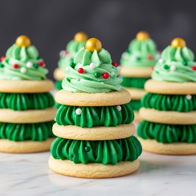The image shows small Christmas tree-shaped treats made by stacking three round, light golden cookies with two layers of green frosting in between. The bottom layer of frosting is a darker green, thickly piped in a circular wave on top of the largest cookie. The middle cookie sits on this frosting, with a lighter green frosting layer swirled smoothly over it. A small golden round candy tops each treat, placed on a final swirl of the light green frosting. Tiny round sprinkles in red, white, and green are scattered on the frosting layers, adding color and texture. The treats stand on a white marbled surface with a dark grey background. photo taken with an iphone --ar 4:5 --v 7
