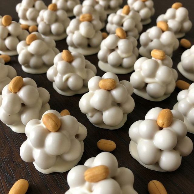 The image shows many small, round clusters of treats covered in a smooth, thick white coating placed closely together on a dark wooden surface. Each cluster has a bumpy texture where bits of nuts or other ingredients create soft, uneven shapes pushing the white coating outward. Some small golden roasted peanuts are scattered around the clusters, adding a crunchy element to the scene. The overall feel is of a sweet, nutty confection with a creamy white outer layer. Photo taken with an iphone --ar 4:5 --v 7
