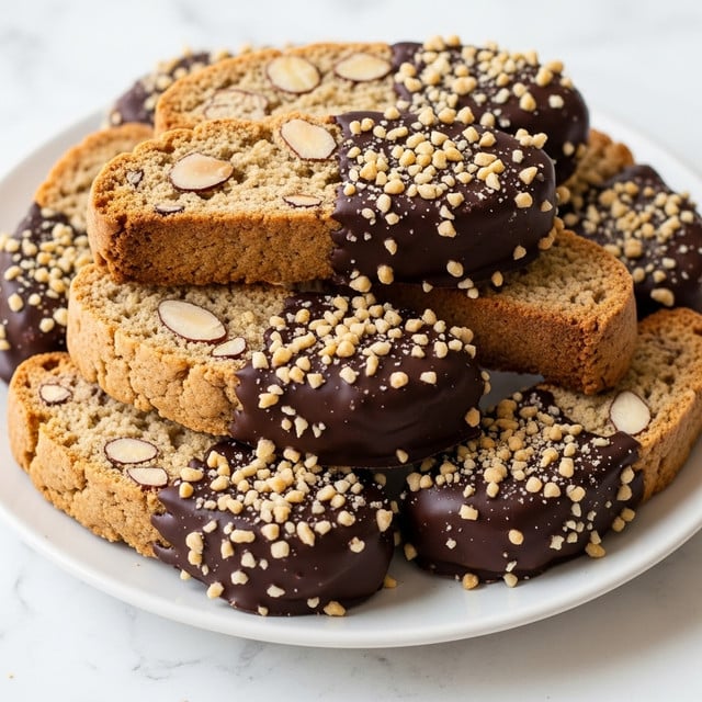 A close-up view of multiple biscotti pieces stacked on a white plate, each showing a rough, crunchy texture and golden brown color with visible almond slices inside. Half of each biscotti is dipped in dark chocolate, which is smooth and glossy, and sprinkled generously with small pieces of chopped nuts, adding a textured contrast on the chocolate coating. The plate is placed on a white marbled surface. photo taken with an iphone --ar 4:5 --v 7