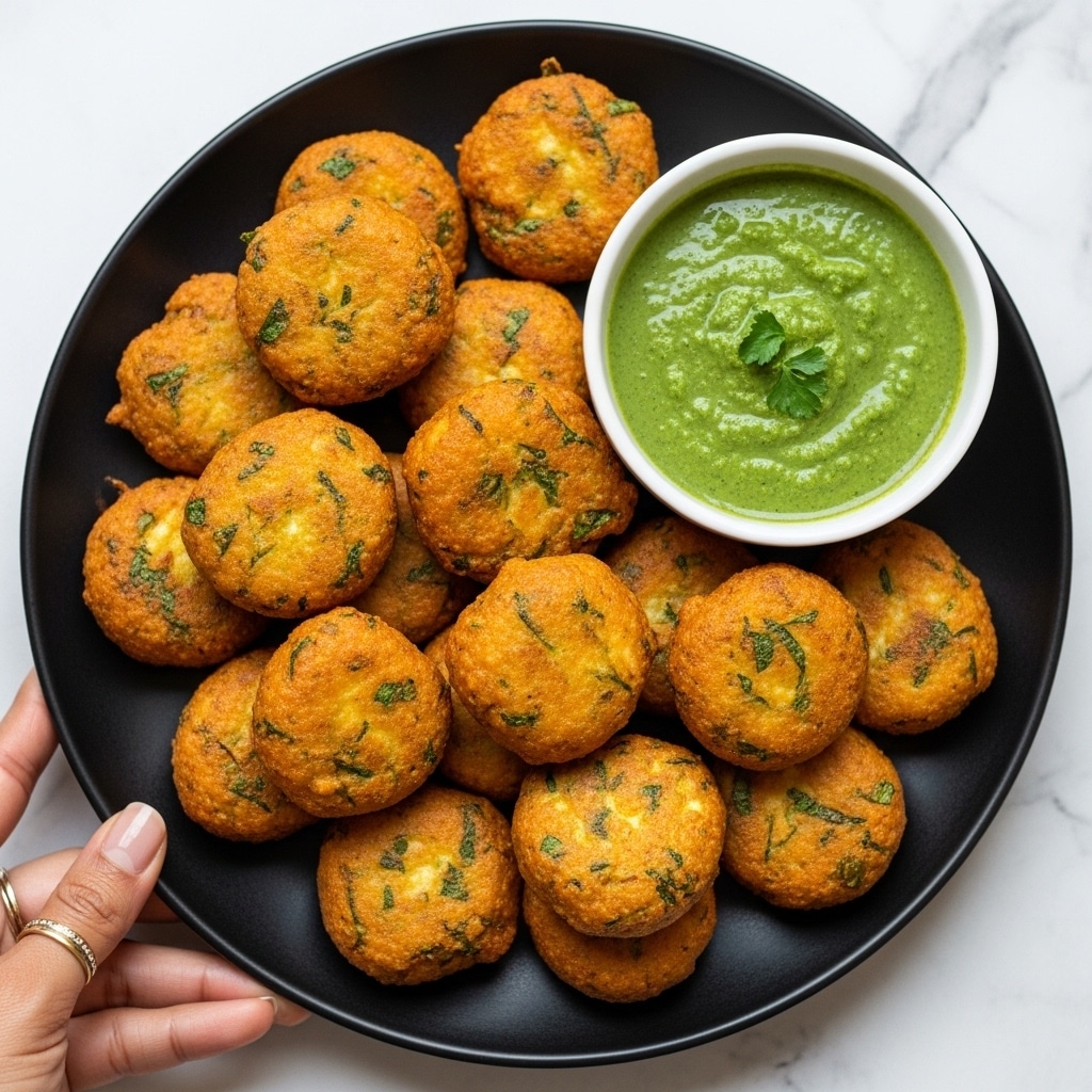 A black plate filled with golden-brown paneer pakodas, each piece having a crispy, textured surface showing small green herb bits inside the batter. The pakodas are piled up closely with one layer at the bottom and another resting on top. On the side of the plate, there is a small white bowl filled with smooth, vibrant green chutney that has a glossy texture. A woman's hand with a gold ring is holding the edge of the plate against a white marbled surface. photo taken with an iphone --ar 4:5 --v 7