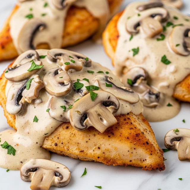 The image shows a close-up of golden brown chicken breasts covered in a creamy mushroom sauce. The chicken is crisp and slightly textured, with the sauce being smooth and pale beige, thickly covering the chicken. There are sliced mushrooms mixed evenly in the sauce, adding a soft, earthy texture, and small pieces of green herbs sprinkled on top for color. The layered look highlights the chicken underneath the creamy sauce with mushrooms scattered around, all resting on a white marbled surface. Photo taken with an iphone --ar 4:5 --v 7