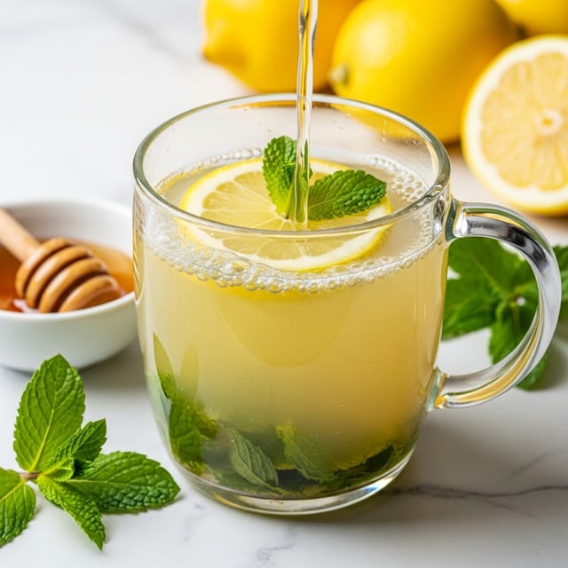 A clear glass mug filled with a light yellow liquid, showing a thin layer of lemon slice floating at the top along with a few green mint leaves. The drink is being poured into the mug, creating a slight splash and bubbles around the lemon slice. At the bottom inside the mug, more mint leaves are visible. The mug is placed on a white marbled surface, with fresh mint leaves scattered nearby and bright yellow lemons blurred in the background. A small white bowl with honey and a wooden honey dipper are partially seen on the left side. photo taken with an iphone --ar 4:5 --v 7