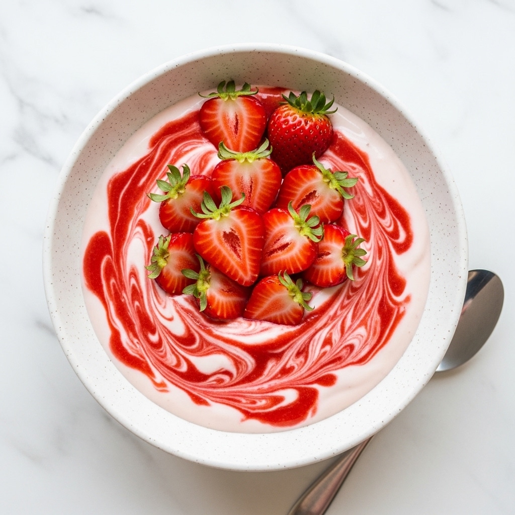 A white speckled bowl holds a creamy light pink yogurt base that is swirled with vibrant red strawberry puree, creating a marbled effect over most of the surface. On top, there are multiple fresh strawberry halves arranged in the center, showing bright red flesh and green tops. The bowl sits on a white marbled surface with a silver spoon partially visible in the bottom right corner. photo taken with an iphone --ar 4:5 --v 7