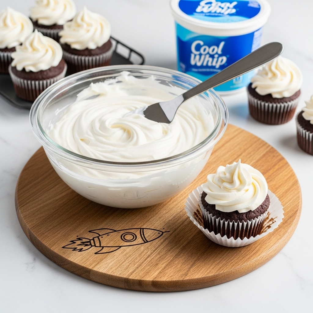 A clear glass bowl filled with smooth white whipped cream with a silver spatula resting on top, placed on a round wooden board with a small rocket drawing on the side. Next to the bowl, a white cupcake liner holds a dark chocolate cupcake topped with a swirl of white whipped cream. More chocolate cupcakes in white liners appear in the background near a container of Cool Whip, all set on a white marbled surface. Photo taken with an iphone --ar 4:5 --v 7