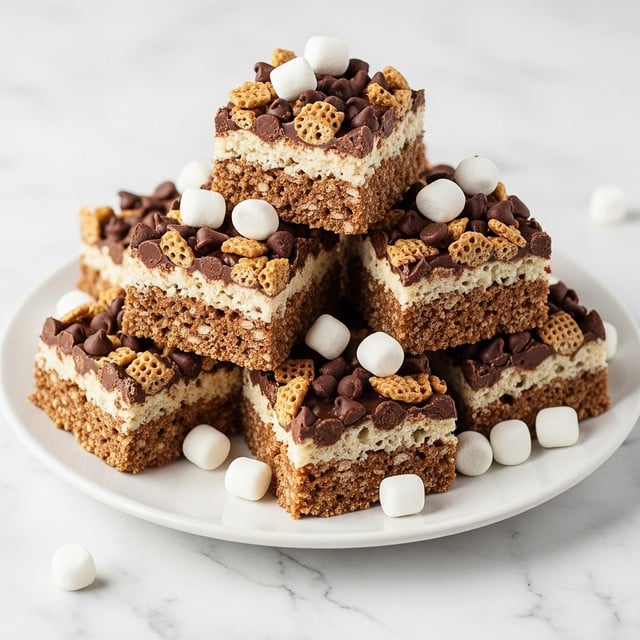 The image shows a white plate piled with square-shaped dessert bars arranged in a small heap. Each bar has two main layers: a base layer with a textured, brown, crumbly appearance and a top layer covered in a mix of golden brown crispy cereal pieces and dark brown chocolate chips. Scattered on and around the bars are small white mini marshmallows, adding contrast to the darker tones. The plate sits on a white marbled textured surface. photo taken with an iphone --ar 4:5 --v 7
