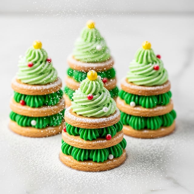 The image shows four small Christmas tree-shaped cookies on a white marbled surface, with powdered sugar falling over them like snow. Each tree has three layers of round, golden-brown cookie bases stacked with bright green and light green frosting swirled thickly between each cookie layer and on top, shaped like a cone. Tiny red and white pearl-like decorations are scattered on the frosting, and each tree is topped with a small yellow ball. The powdered sugar dust adds a snowy effect, covering parts of the cookies and the surface around them. photo taken with an iphone --ar 4:5 --v 7