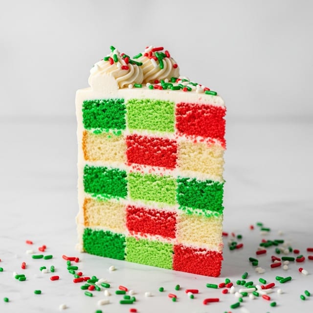 A tall slice of layered cake stands alone on a white marbled surface, with six visible layers arranged in a pattern of green, light green, red, white, and green from bottom to top. Each layer has a soft, spongy texture with thin white frosting between them. The top layer is iced smooth with creamy white frosting and decorated with piped swirls of the same white frosting, sprinkled with small, round and rod-shaped green, red, and white sprinkles. Around the cake slice, scattered sprinkles add a festive touch, matching the ones on top. photo taken with an iphone --ar 4:5 --v 7