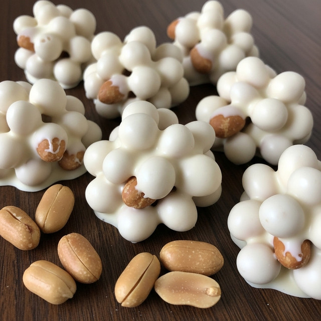 The image shows several clusters of white chocolate-covered peanuts placed closely on a dark wooden surface, each cluster having a smooth and slightly glossy white coating with lumps and bumps where the peanuts underneath create texture. The peanuts inside add small uneven shapes under the white chocolate, while a few loose roasted peanuts are scattered around them, showing a golden brown color and a rough surface. The overall look is simple, with a clear contrast between the creamy white chocolate and the warm brown of the peanuts and wood background. photo taken with an iphone --ar 4:5 --v 7