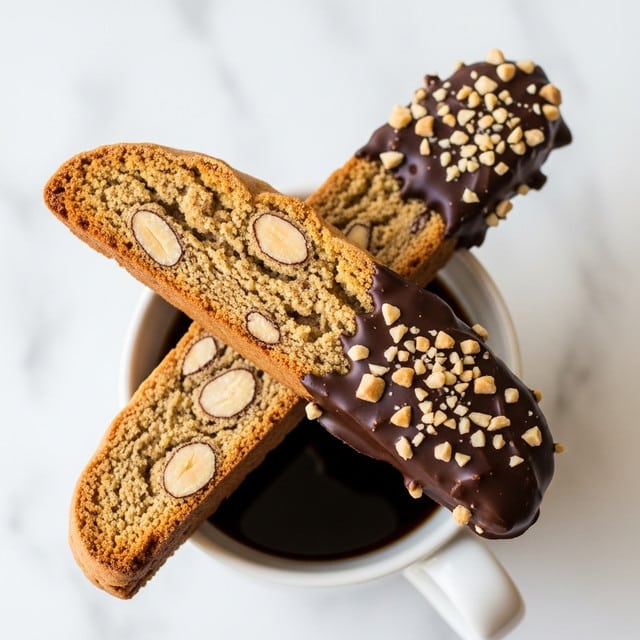 The image shows two biscotti cookies placed diagonally on top of a white cup filled with dark coffee. Each biscotti has a rough, golden brown texture with visible almond pieces inside. One biscotti is partially dipped in glossy dark chocolate and sprinkled with small chopped nuts, adding a crunchy texture and contrast to the smooth chocolate. The background is a soft white marbled texture that highlights the warm tones of the biscotti and the coffee cup. photo taken with an iphone --ar 4:5 --v 7