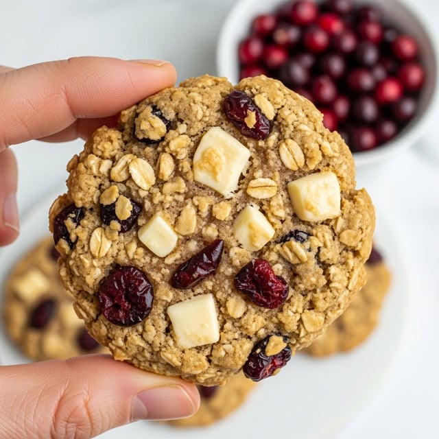 A close-up of a rough-textured cookie held by a woman's hand, showing three layers: a light brown oatmeal base with visible oats, dark red cranberry pieces scattered throughout, and creamy white chunks of white chocolate embedded in the cookie. In the blurred background, there is a white bowl filled with dark red cranberries sitting on a white marbled surface. Photo taken with an iphone --ar 4:5 --v 7