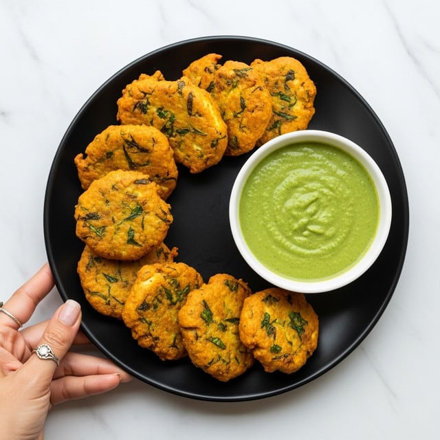 A black plate filled with many golden-brown paneer pakodas stacked loosely, each piece showing a crispy texture with slight green herb flakes inside, and a round white bowl placed on the side filled with smooth, bright green chutney. A woman's hand with a ring is holding the plate from the edge, all set on a white marbled surface. photo taken with an iphone --ar 4:5 --v 7