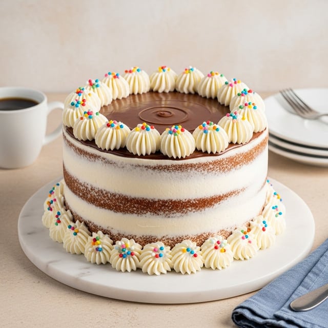 A three-layer round cake sits on a white marble board, each layer separated by thin light brown cake visible through a smooth white cream frosting that covers the sides with a semi-naked style. The top is coated with a shiny brown chocolate glaze in the center, surrounded by a ring of white whipped cream swirls dotted with colorful small round sprinkles. Around the base of the cake is another border of white whipped cream swirls also sprinkled with the same colorful dots. The cake is placed on a beige surface with a white marbled texture visible under the board, accompanied by a white cup of coffee on the left and stacked white plates on the right, with a folded blue cloth in the bottom right corner. photo taken with an iphone --ar 4:5 --v 7